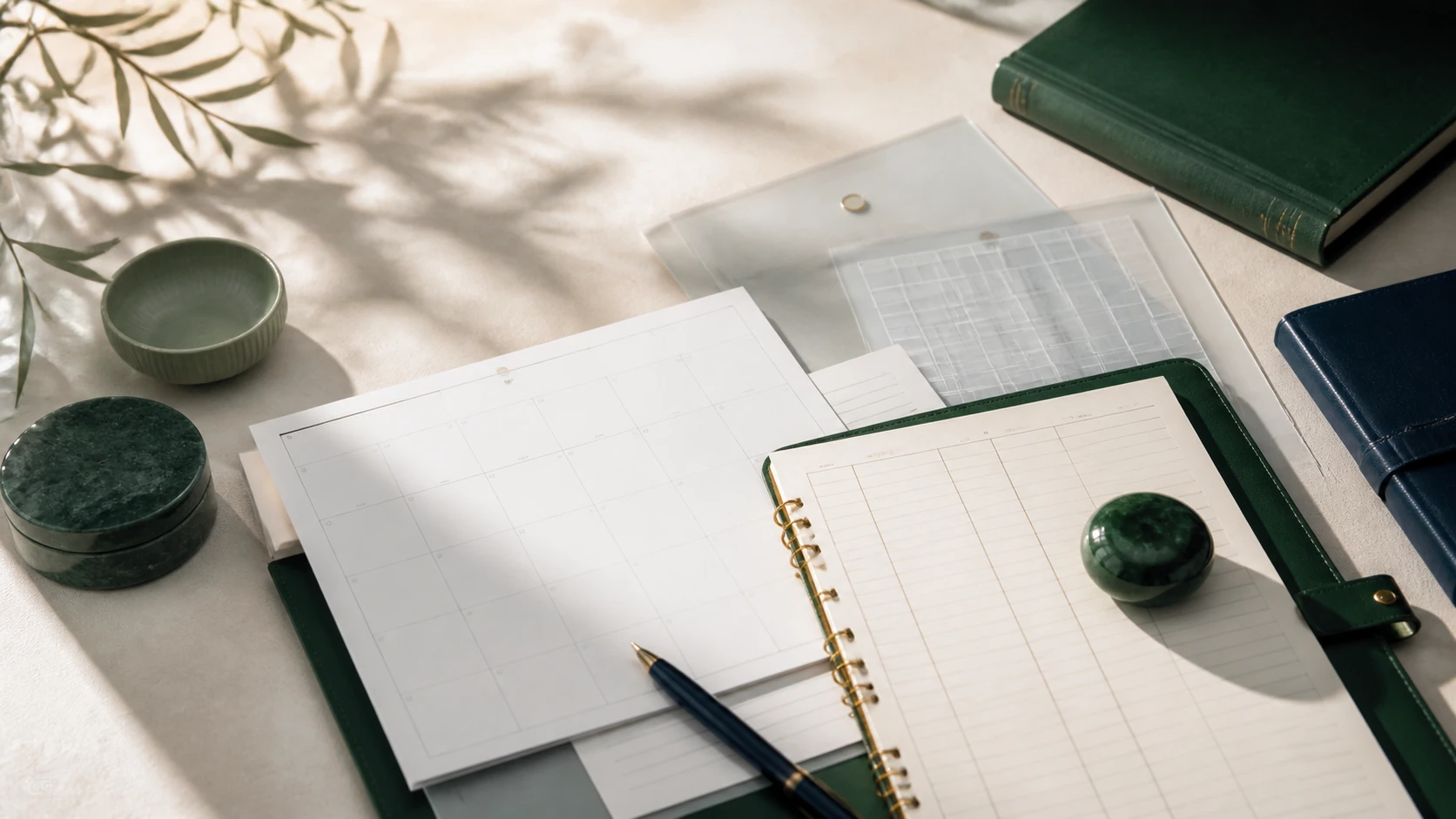 Editorial planning desk with a cash flow calendar and ledger