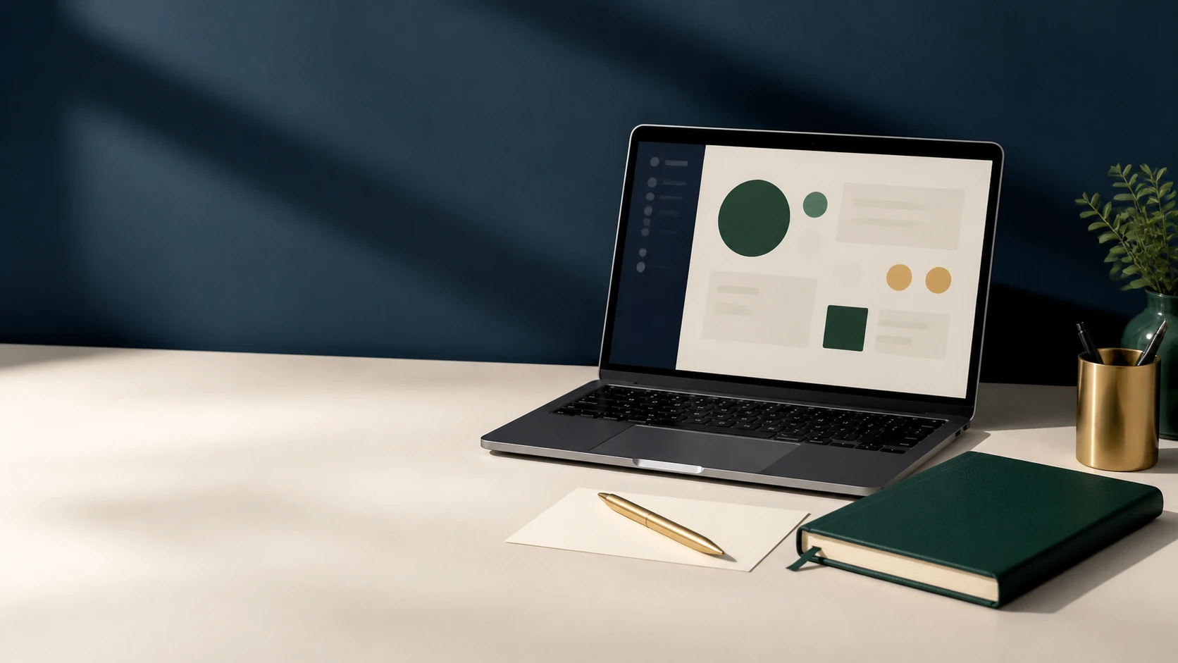 Editorial workspace with an abstract financial planning interface