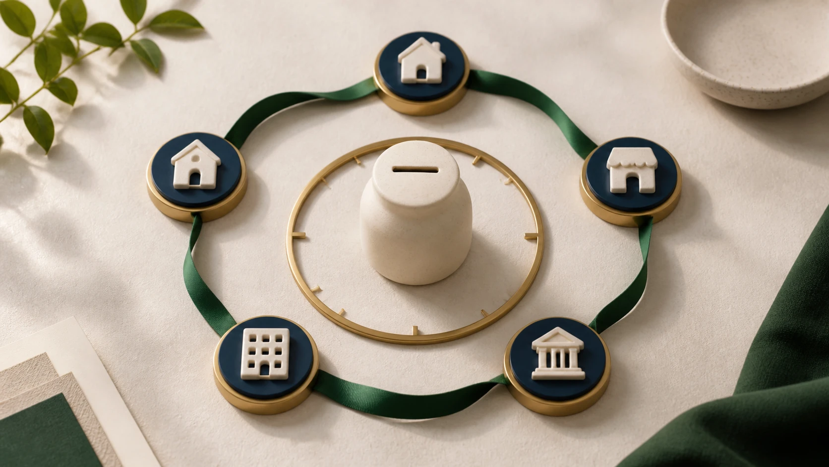 A looping paper path and account tokens representing a deliberate automatic saving routine.