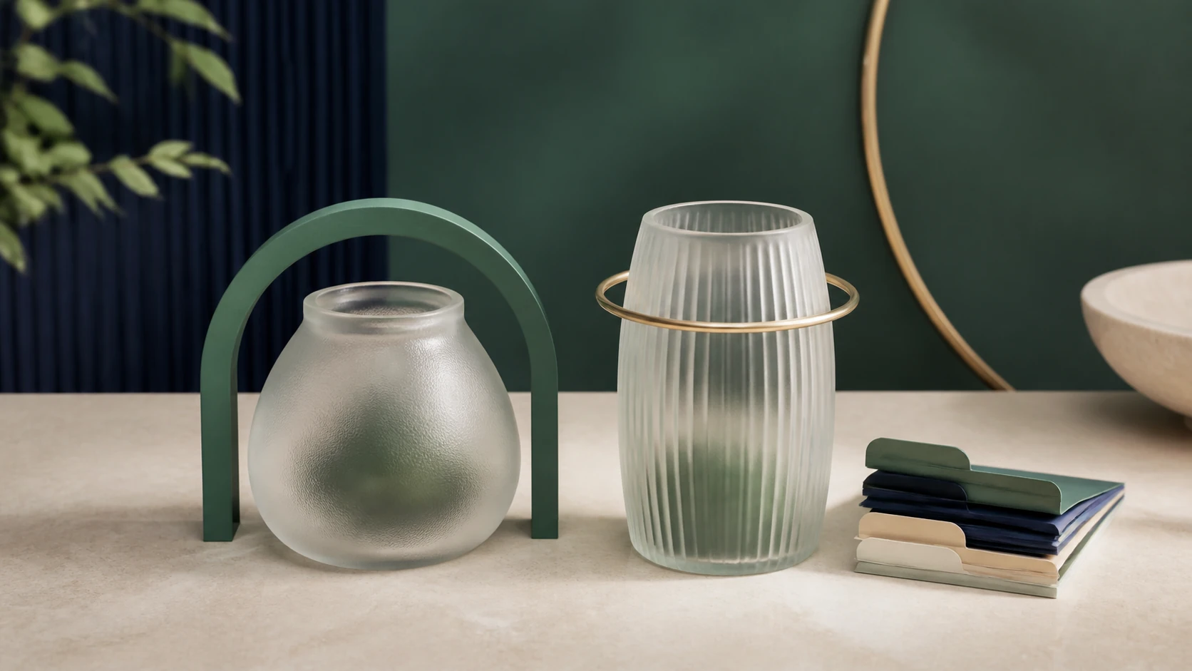 Two calm savings vessels and planning tabs representing separate financial reserves.