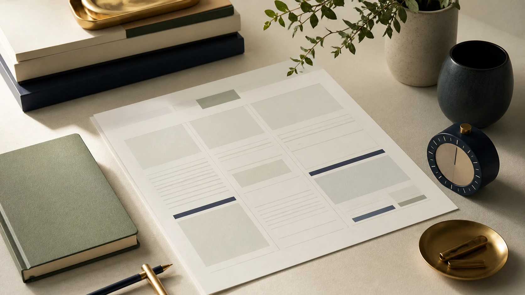 An unbranded paper workflow and planning desk for reviewing a financial tracking tool.