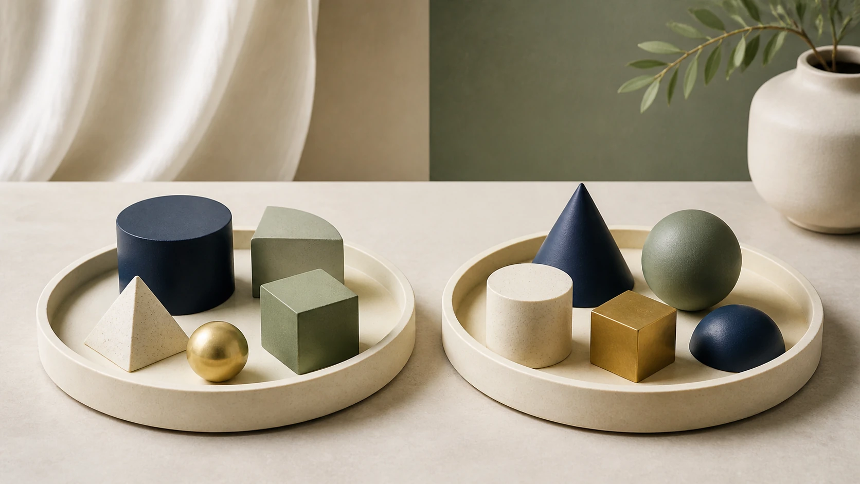 Two balanced trays of different geometric forms representing a neutral fund comparison.