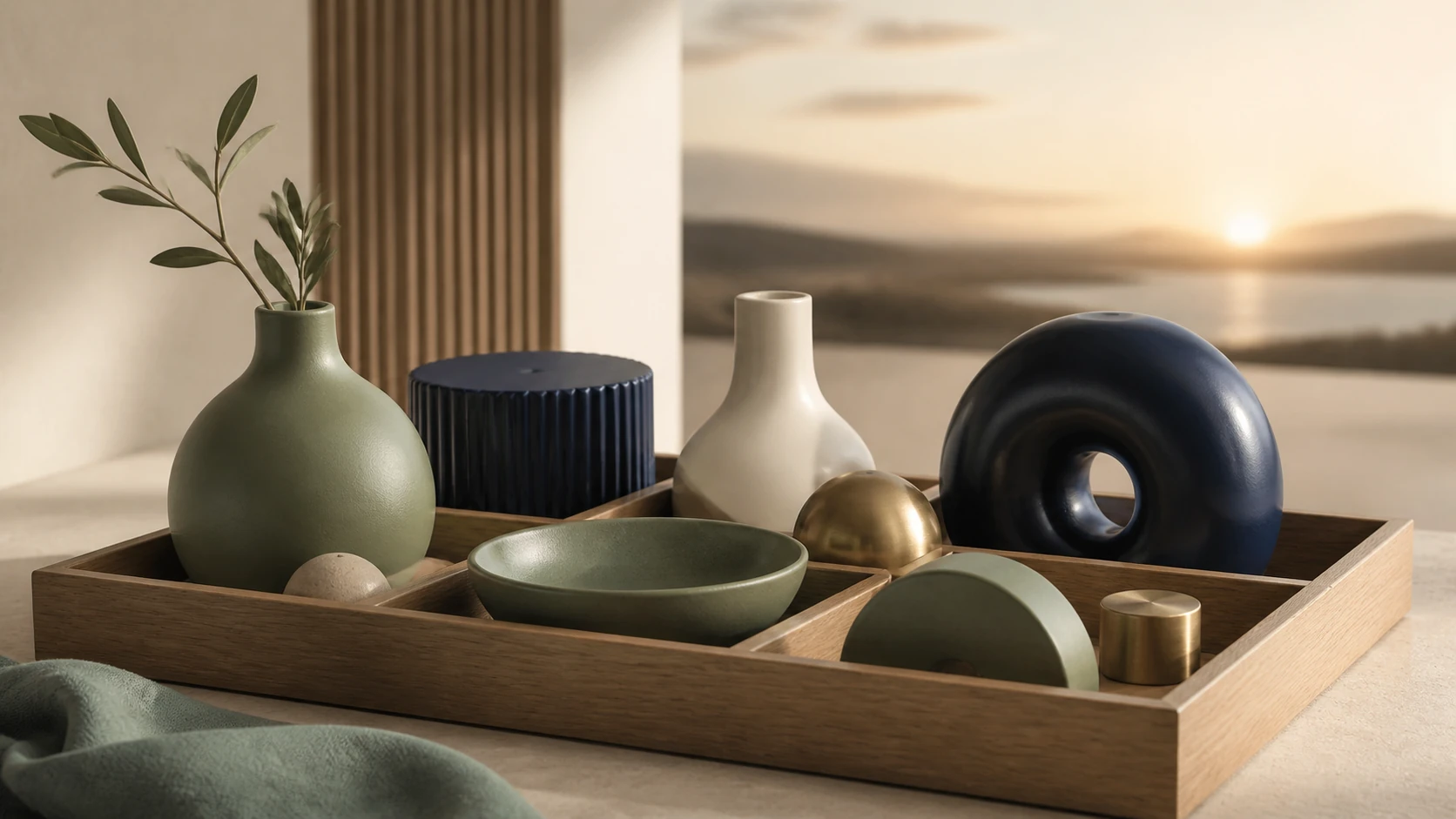 A modular tray of varied forms placed against a warm, long-view horizon.