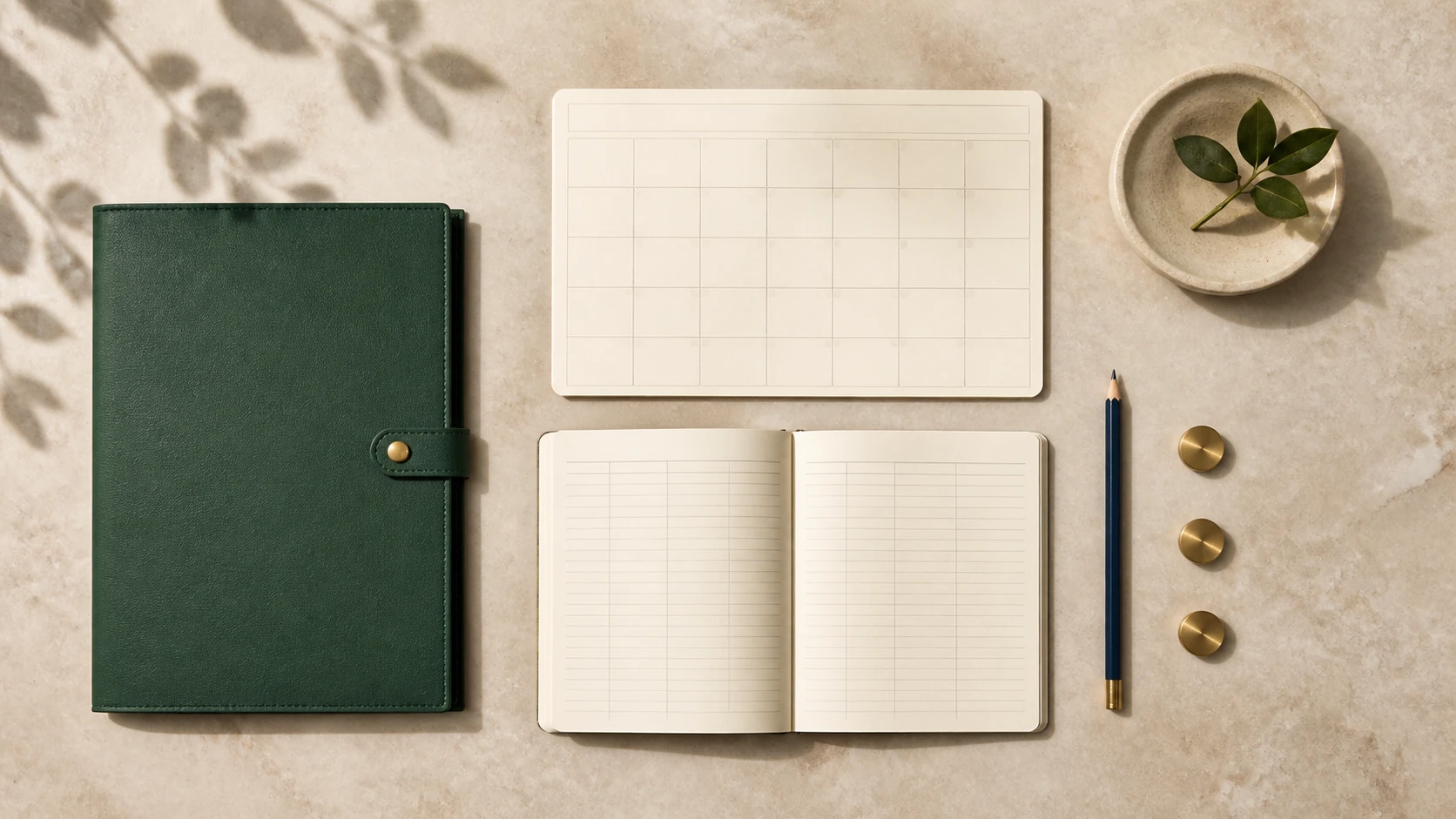A calm desk arrangement for reviewing monthly cash flow and upcoming decisions.