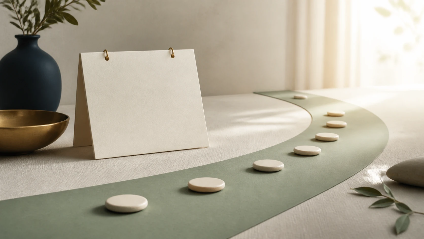 Evenly spaced ceramic markers on a calm path representing a regular contribution routine.