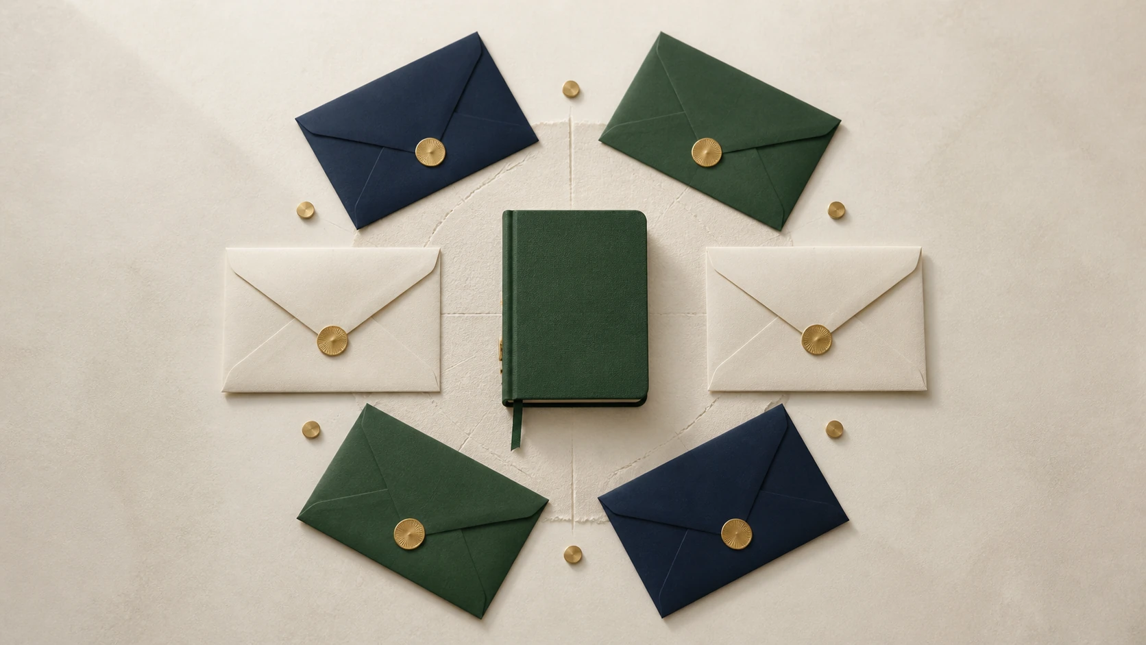 Paper envelopes arranged around a notebook to suggest intentional budget allocation.